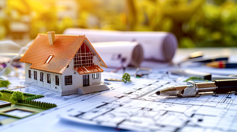 Kleines Modellhaus mit Architektenplänen